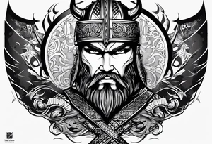half face of a viking and half face of samurai tattoo idea