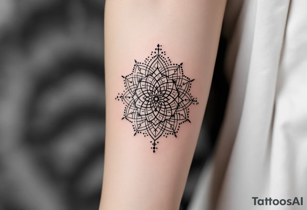 fine-line tattoo, sacred geometry mandala, centerpiece design, dotwork patterns, radiating geometry, symmetrical mandala, geometric shapes, intricate dotwork, sacred patterns, mandala center, geometric radiating, fine line work, black grey shading, minimalist design, no outlines, arm placement, delicate linework, precise geometry, clean symmetry, sacred symbols, geometric precision, dotwork details, mandala focal point, refined patterns, understated complexity, geometric harmony
\ tattoo idea