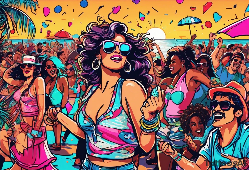 1980's style dance party with boom box and confetti in a beach theme. include people in 80's miami beach clothes, music note. tattoo idea