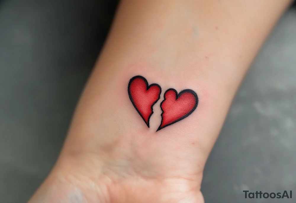 Two half-heart tattoos in black with red tips that form a full heart when partner shoulders are side by side tattoo idea