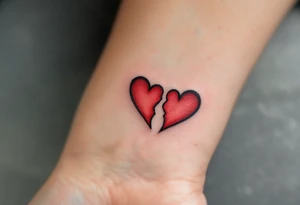 Two half-heart tattoos in black with red tips that form a full heart when partner shoulders are side by side tattoo idea
