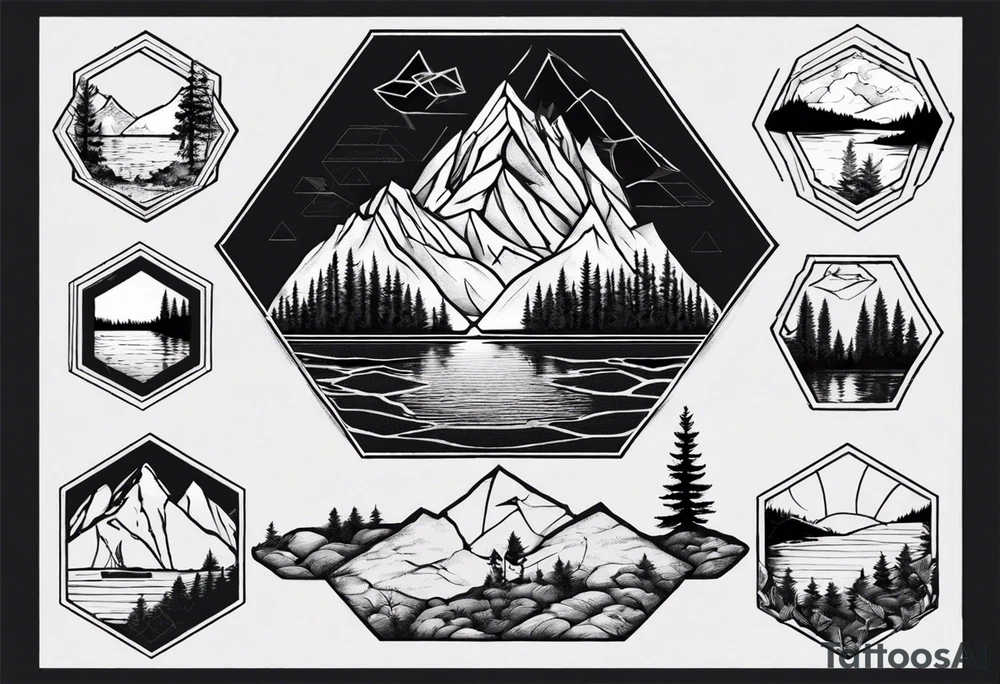 Mountain, coniferous forest and lake in a hexagon. The lake is at the bottom of the figure tattoo idea