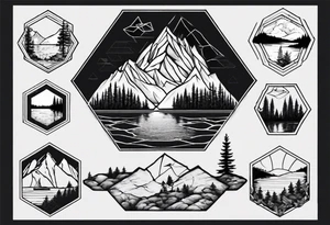 Mountain, coniferous forest and lake in a hexagon. The lake is at the bottom of the figure tattoo idea