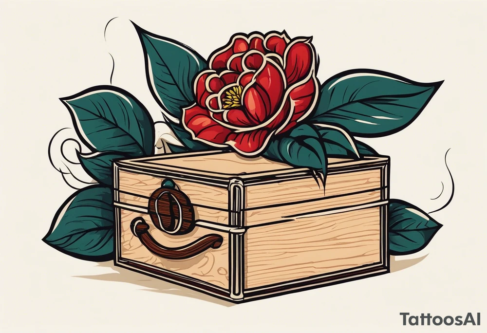 An sailor Jerry style tattoo of a vintage cigar box with one lit cigar and one flower on top tattoo idea