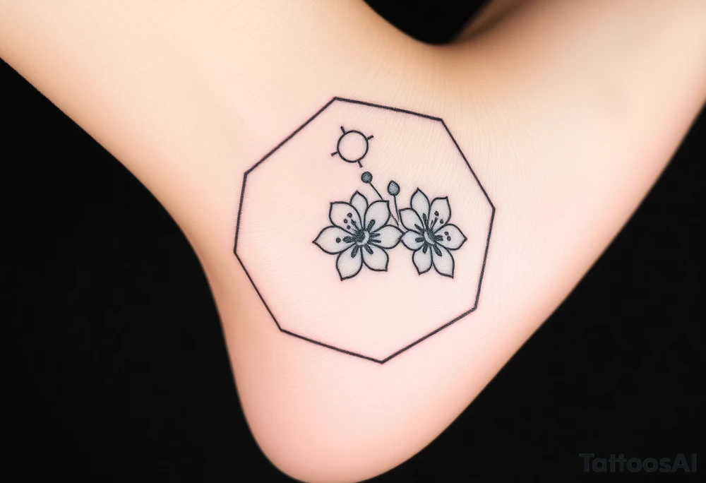 Hexagon with a Leo constellation, larkspur and water lilies in the center tattoo idea