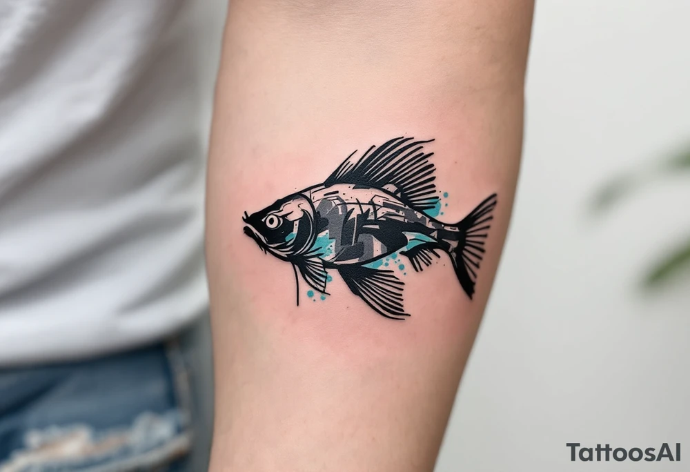 Abstract Catfish Tattoo – A stylized form with brushstroke-style black ink, splashes of turquoise and slate blue, and minimalist whiskers for a modern twist. tattoo idea