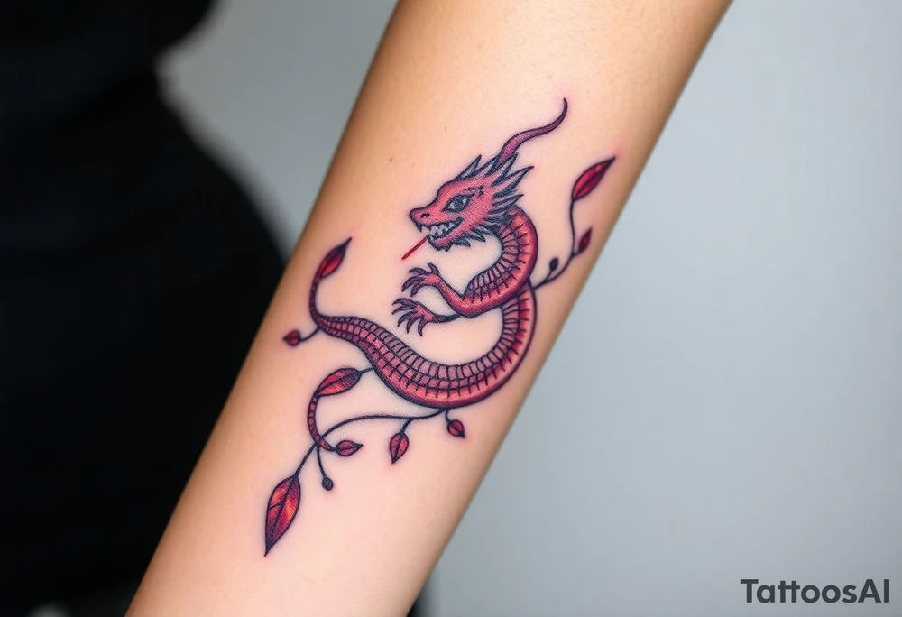A bracelet wrapped around the arm dragon with purple and red tones, feathers and vines tattoo idea
