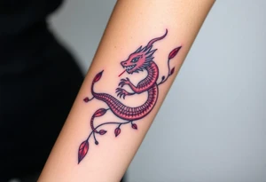 A bracelet wrapped around the arm dragon with purple and red tones, feathers and vines tattoo idea