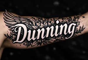 Dunning, Details include on left arm, name in white color,angel wing, wet jungle leaves,cool font, galaxy background filling, tattoo idea