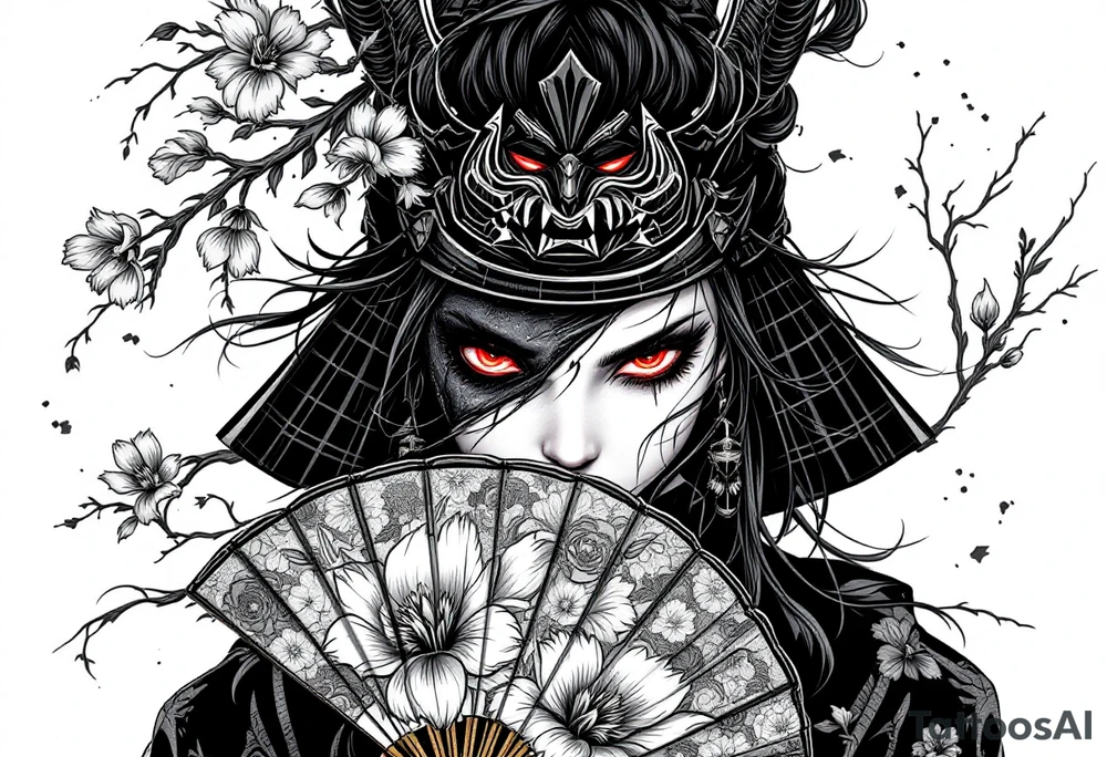 Samurai woman with red eyes wearing an half and broken kitsune mask on her hair and holding an irises flowers hand fan tattoo idea