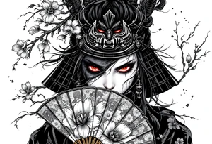 Samurai woman with red eyes wearing an half and broken kitsune mask on her hair and holding an irises flowers hand fan tattoo idea