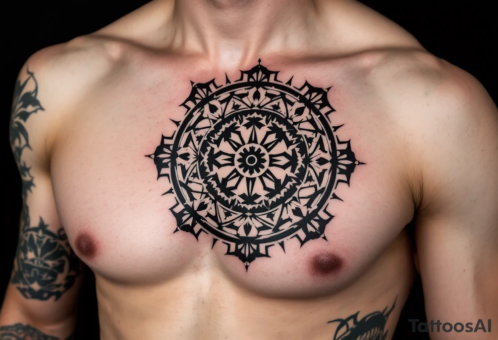 A wheel with tribal-style spokes, incorporating sharp geometric patterns in bold black ink. tattoo idea