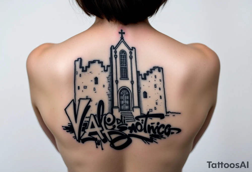 Vele di Scampia ruined and covered in graffiti, large tattoo, lower back area tattoo idea