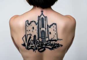 Vele di Scampia ruined and covered in graffiti, large tattoo, lower back area tattoo idea