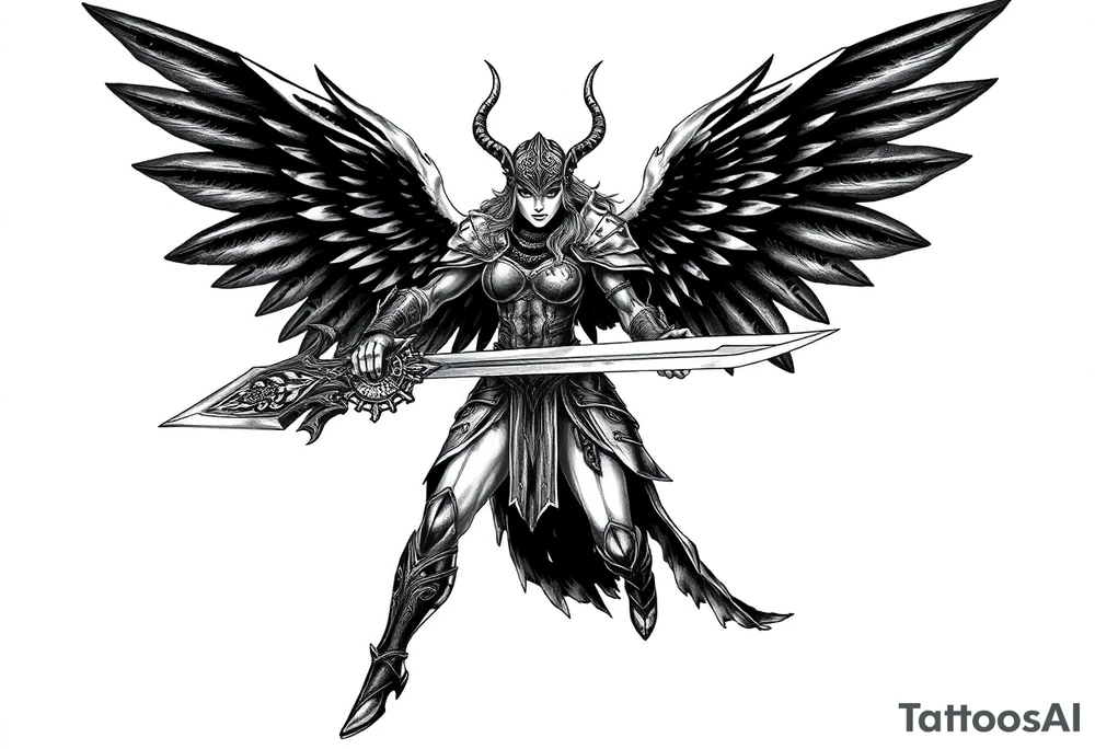A fierce looking Valkyrie with very big dark wings. The whole body with legs should be visible. 
She's wielding a intricatelly decorated sword and a sturdy

She has heavy armor and a helmet with 
Wings tattoo idea
