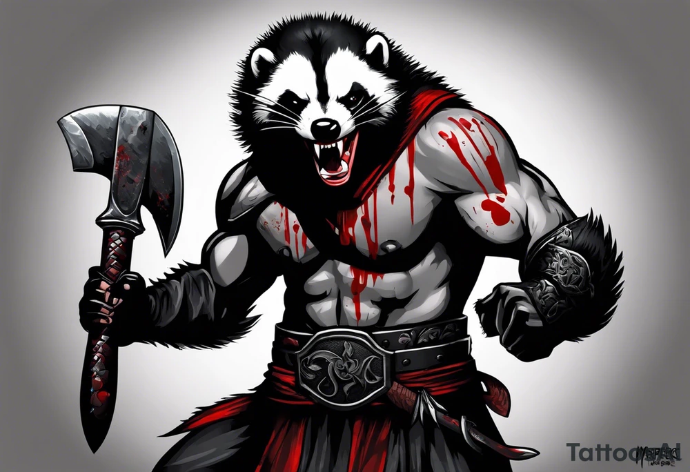 Draw me psychopath Honey Badger/Berserker with aggressive full body, killer face with a scary smile, very long nails and he attacks like a Bloody Assassin/Warrior/Gladiator to us and also, he has very deadly looking. He fights with his nails. Everybody scares after their first sight. Give me horror type Badger Tattoo. I want to see his Realistic full body with no weapons. tattoo idea