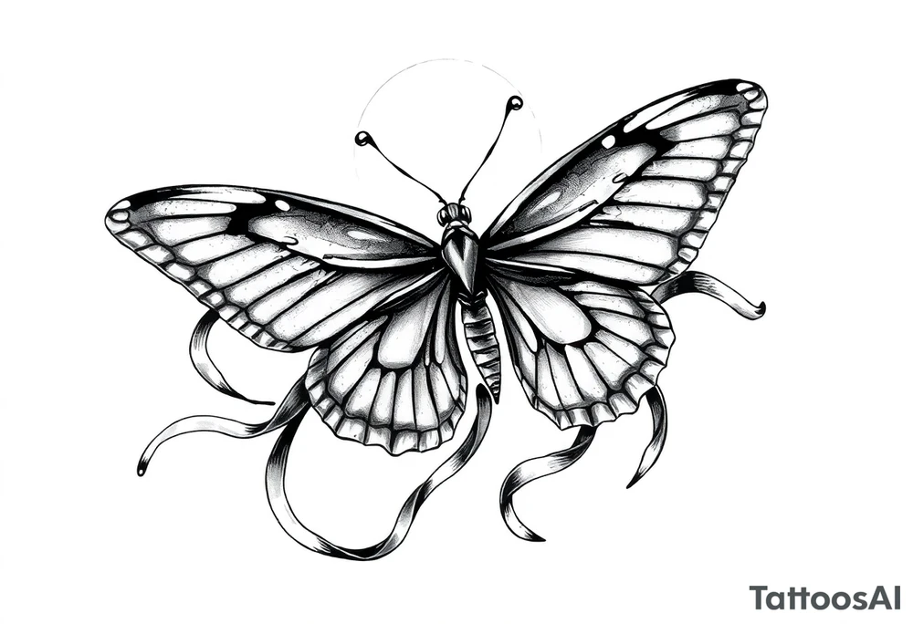 ethereal butterfly with flowing silk ribbons in moonlight tattoo idea
