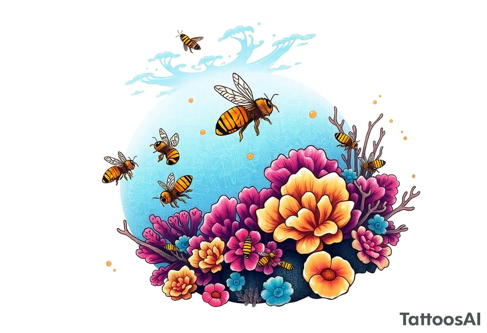 Coral reef scene with honey bees swimming tattoo idea