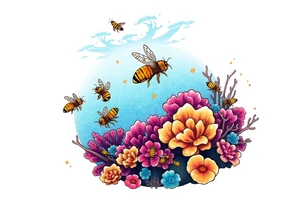 Coral reef scene with honey bees swimming tattoo idea