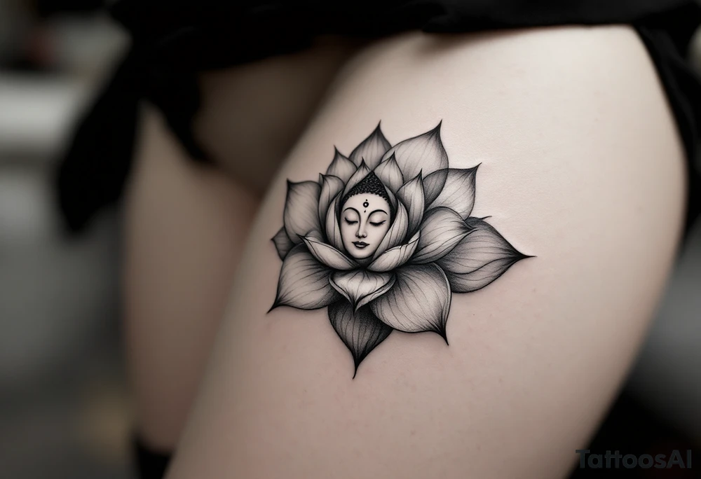 "Sacred Circle of the Lotus" – A delicate lotus flower in a circle shape, with the petals soft and flowing outward. In the center, a subtle Buddha's face or a small Om symbol to represent inner peace and enlightenment. tattoo idea