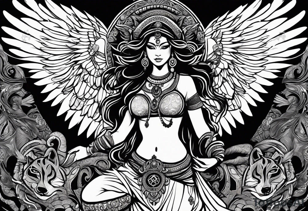 black kali, goddess pirate, alien, angel, pachamama, valkrye, warrior, flying, skull, lotus azul, wing, eagle, zenza resonance, stars, 5D, anahata chakra, death, durga, riding on a tiger, flying lady, kundalini, chest tatoo, samuri, rebel tattoo idea