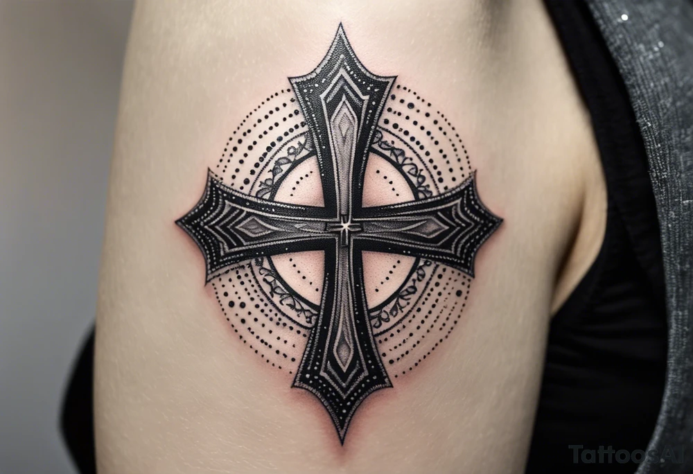 Tattoo: A refined cross with a soft halo on top of it, symbolizing light and spirituality. Delicate rays extend outward from the halo, adding a subtle glow and depth. The cross itself is simple and elegant, with potential for small, intricate line details within the design. tattoo idea