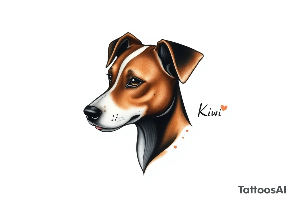 One line tattoo of female dog with white strip going up dog’s snout slightly off centered. Brown brindled and the dogs tongue slightly out with  the name kiwi and Just the colors black  white brown with a small heart near by tattoo idea