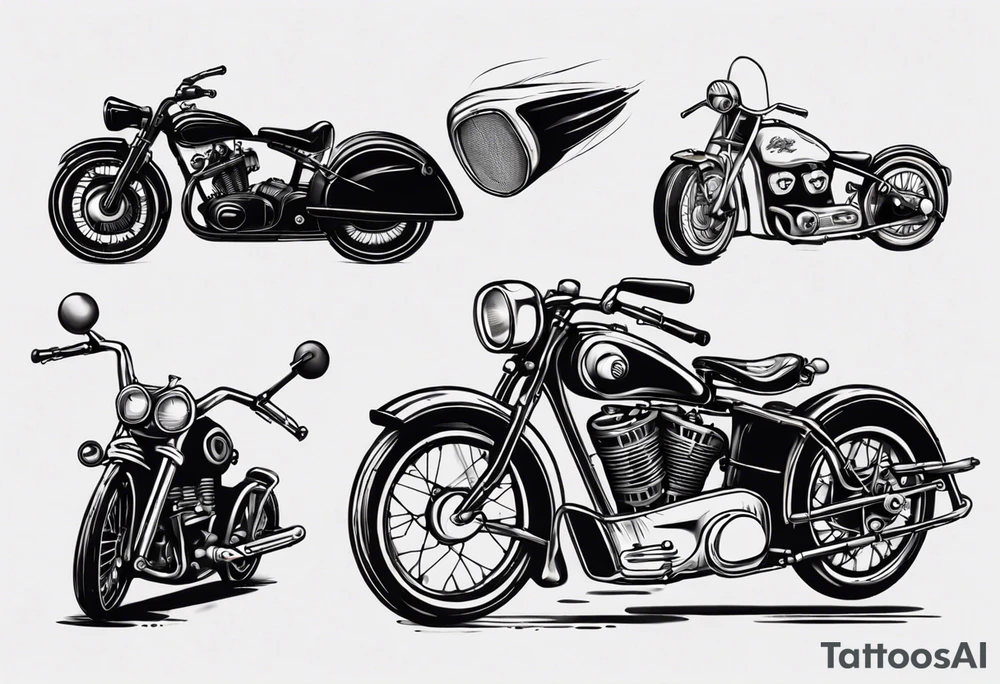 Motorcycle and an old vintage classic car with skeleton tattoo idea
