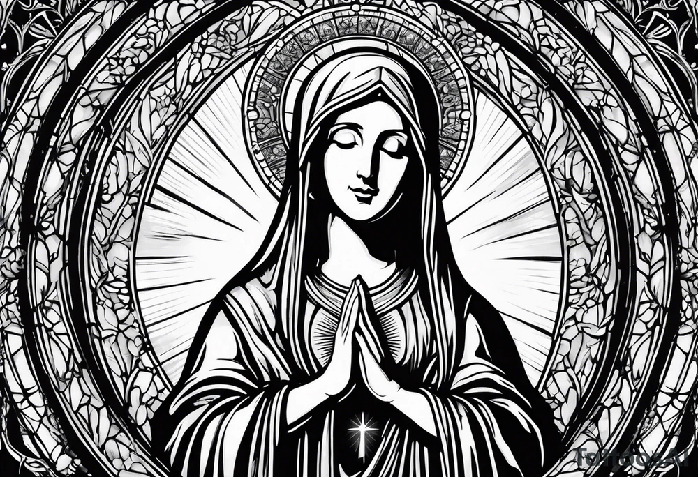 Blessed virgin Mary with praying hands that have a rosary wrapped around and sun beams and church windows behind her. tattoo idea