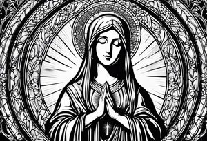 Blessed virgin Mary with praying hands that have a rosary wrapped around and sun beams and church windows behind her. tattoo idea