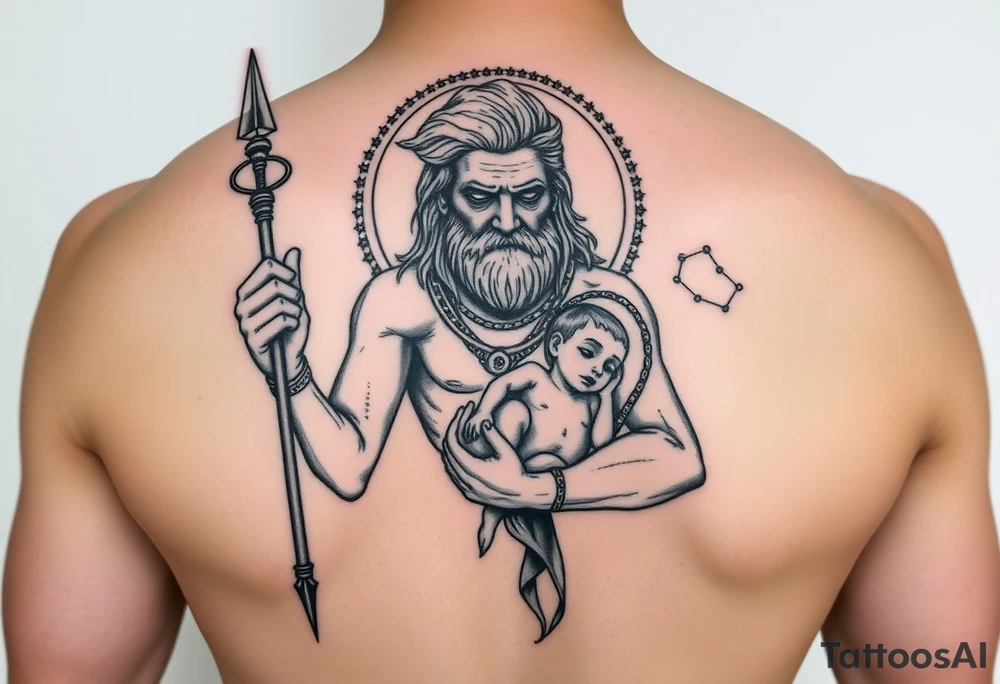 a tattoo design of the Greek God Saturn but older and nearly dying holding his spear in one hand with the Saturn Symbol as the spear head, in his other arms cradling a twin dying younger version of himself. The gemini constellation is in the background behind the Saturn Gods tattoo idea