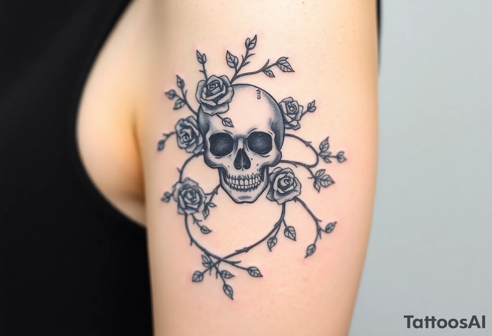 gothic skull intertwined with climbing roses and thorny vines tattoo idea