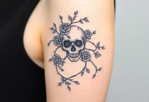 gothic skull intertwined with climbing roses and thorny vines tattoo idea