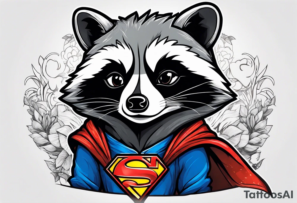 raccoon wearing a Superman hoodie tattoo idea