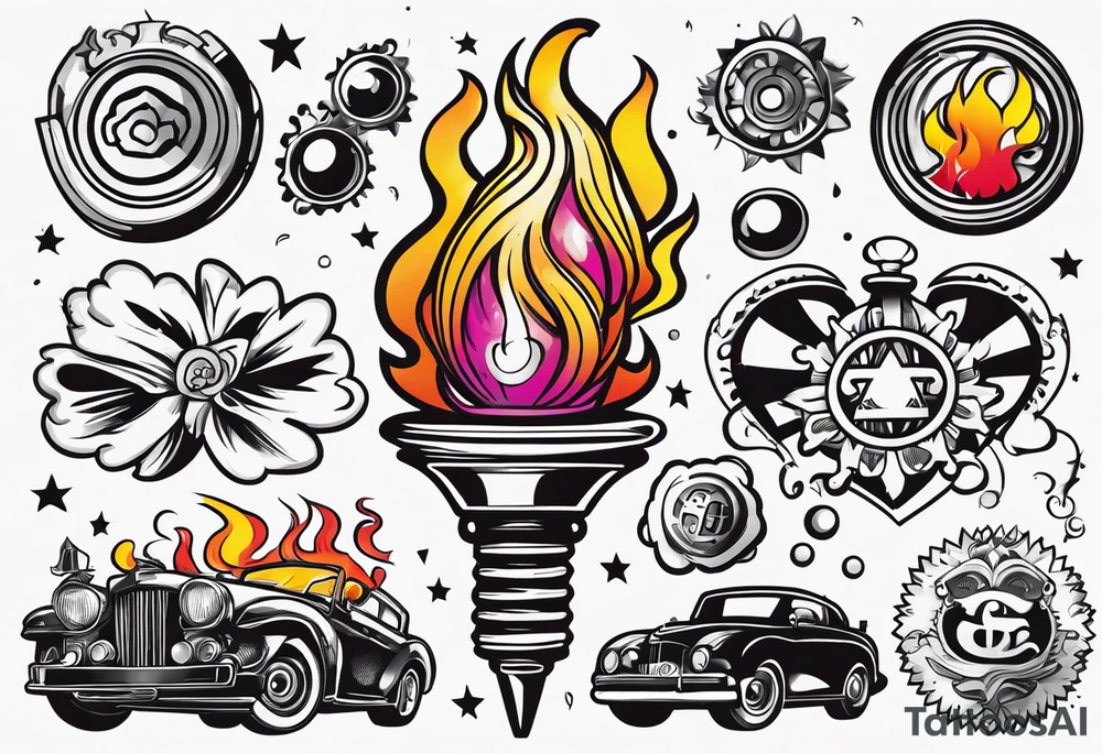 Gear shifting knob and money and fire tattoo idea