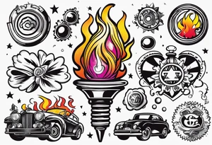 Gear shifting knob and money and fire tattoo idea
