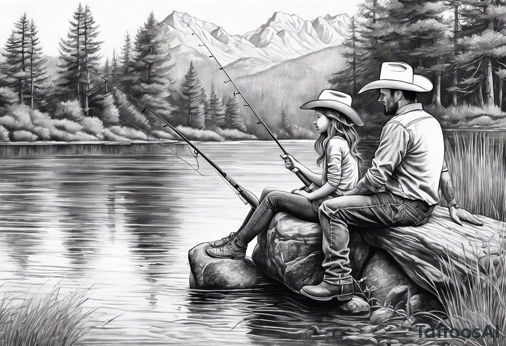 Father son and daughter fishing on the bank. The kids are young and wearing cowboy hats. tattoo idea