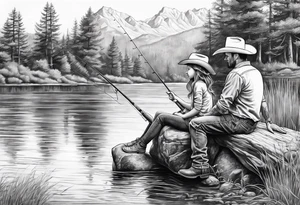 Father son and daughter fishing on the bank. The kids are young and wearing cowboy hats. tattoo idea