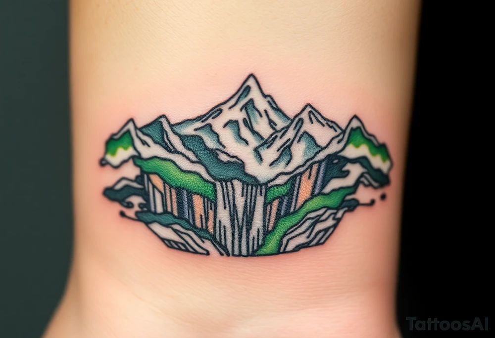 သား  surrounded by a colorful green mountainside with a waterfall tattoo idea