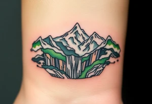 သား  surrounded by a colorful green mountainside with a waterfall tattoo idea