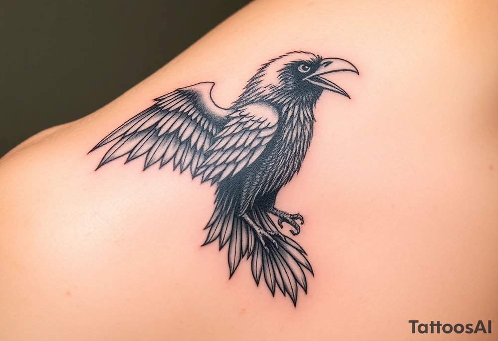 Powerful mythical creature that is half raven half peackock tattoo idea