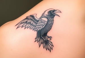 Powerful mythical creature that is half raven half peackock tattoo idea