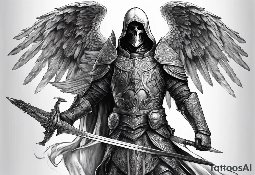 realistic full body of man angel of death, without face, with armour, holding sword in right hand tattoo idea