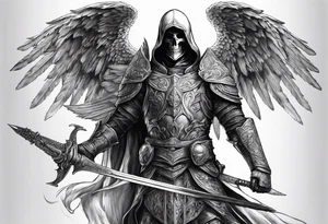 realistic full body of man angel of death, without face, with armour, holding sword in right hand tattoo idea