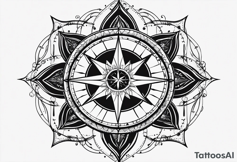 a classic compass rose as the central element with a molecular structure of serotonin tattoo idea