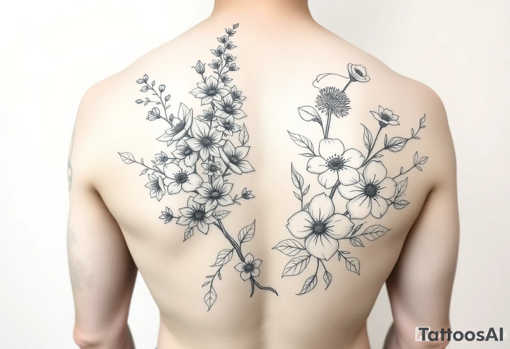Full sleeve tattoo design of larkspur and hawthorn flowers, highly detailed line art, black ink, elegant botanical style, intertwined composition, no shading, no human mock-up, clean stencil style suitable for tattooing, fit fully within boundaries tattoo idea