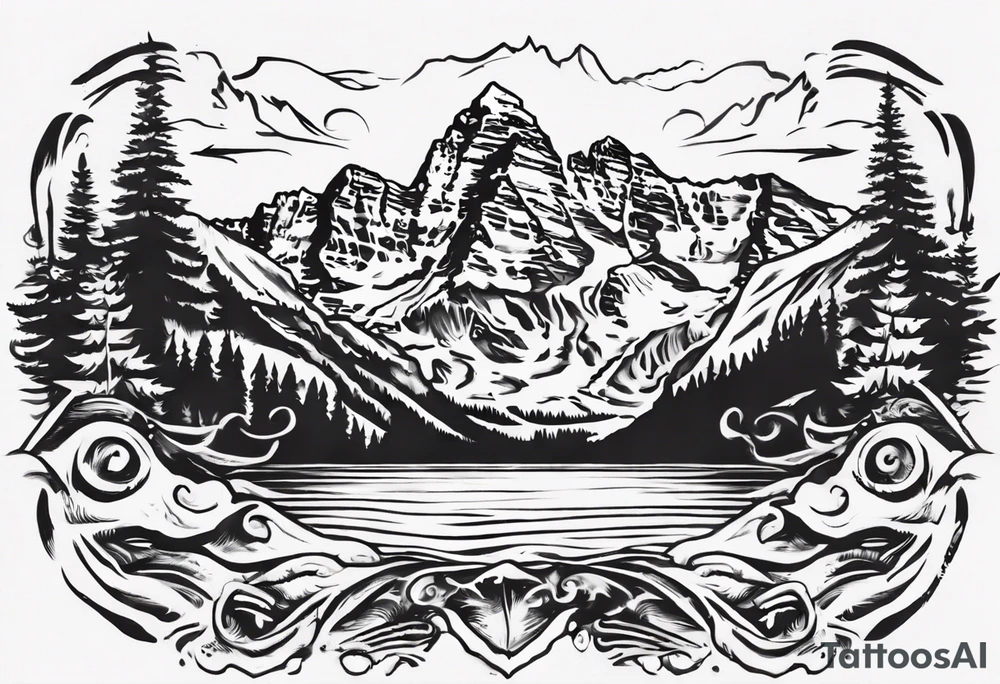 On the top will be the maroon bells mountains. In the middle will be "Keep Chuggin" in cursive writing. On the bottom will be a rough ocean with waves and whitecaps tattoo idea On the top will be the maroon bells mountains. In the middle will be "Keep Chuggin" in cursive writing. On the bottom will be a rough ocean with waves and whitecaps tattoo idea