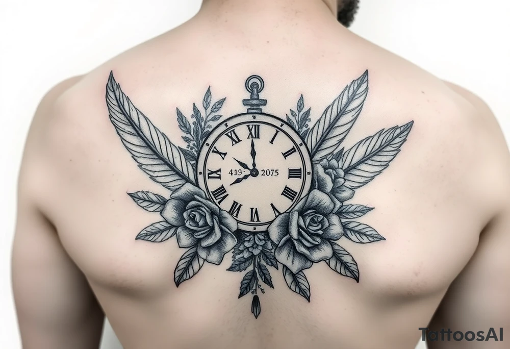 In memory of daddy feathers 
and roses with clock dates tattoo idea