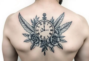 In memory of daddy feathers 
and roses with clock dates tattoo idea
