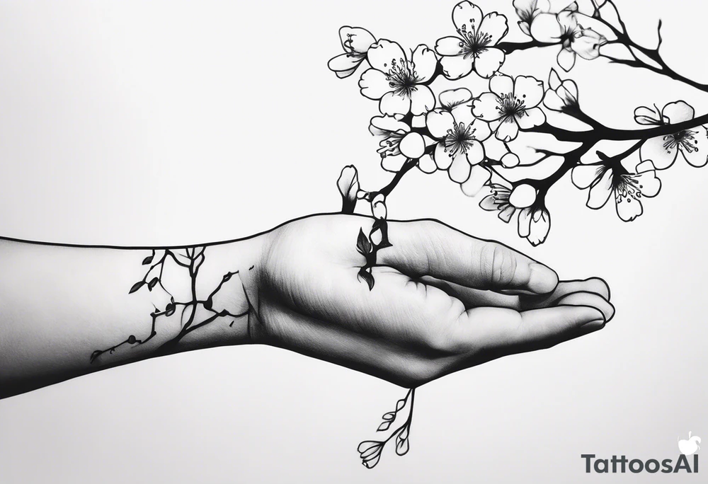 Sure thing! To guide the AI in drawing your tattoo design, you can provide step-by-step instructions like this:

1. Start by drawing a human hand pointing at a skeleton hand on the left shoulder.
2. From the wrist of the human hand, draw a cherry blossom branch sprouting out.
3. Let the branch travel down the arm, wrapping around the bicep once.
4. Narrow the branch to fit through a 7 cm gap on the forearm.
5. Finally, end the branch in a 10 cm gap on the wrist, adding more blossom flora to complete the design.

These detailed instructions should help the AI create a visual representation of your envisioned tattoo. tattoo idea